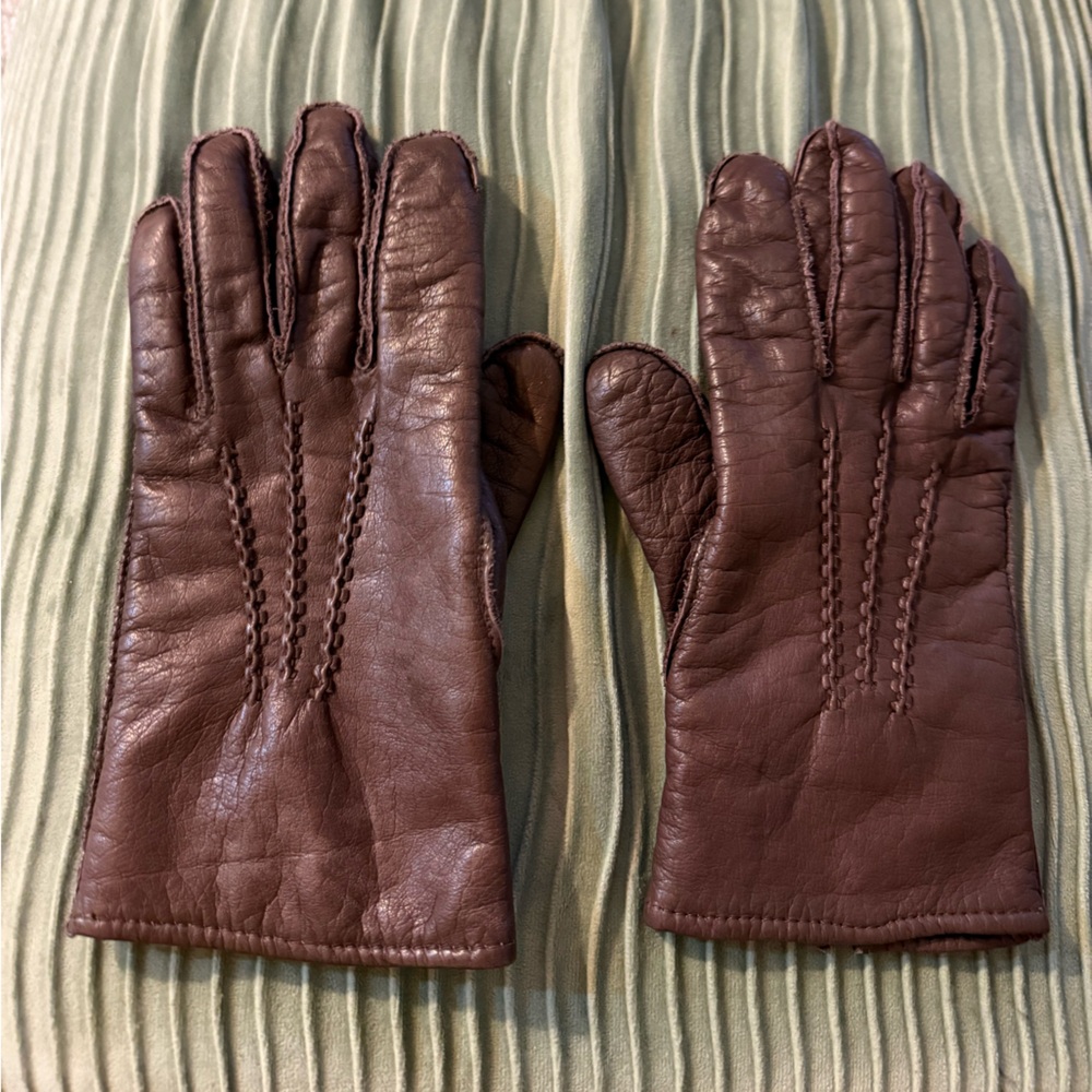Vintage unisex cashmere lined Brown Leather Gloves
